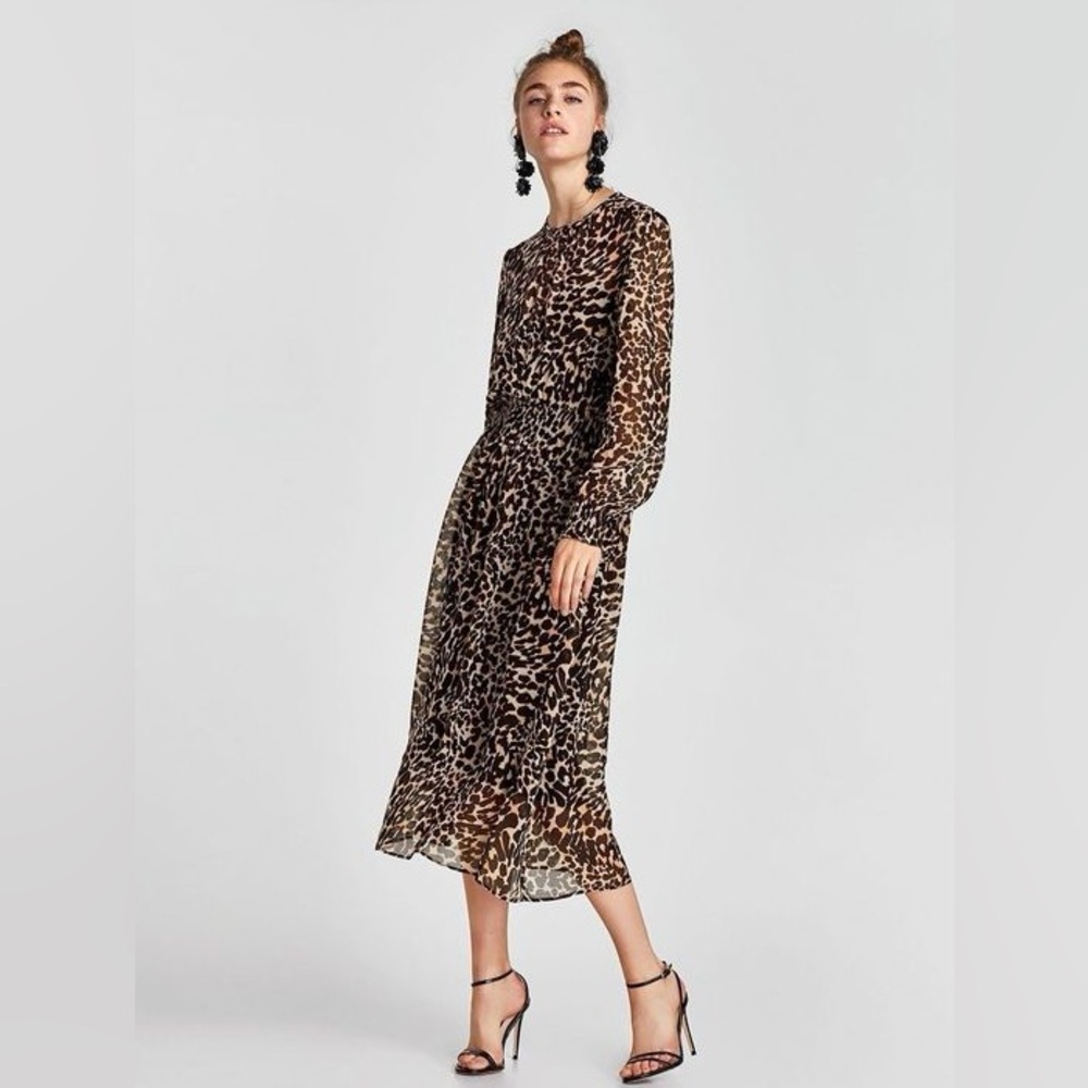 Zara XL Leopard Print Long Sleeve Dress, gauze with black satin slip